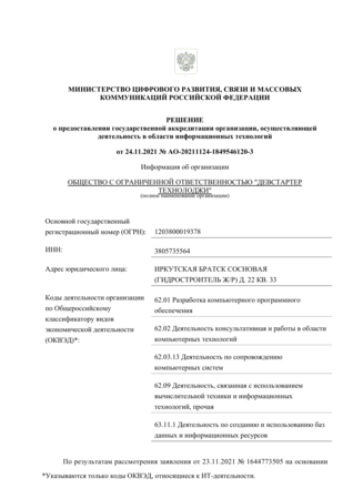 РЕШЕНИЕ о предоставлении государственной аккредитации организации, осуществляющей деятельность в области информационных технологий